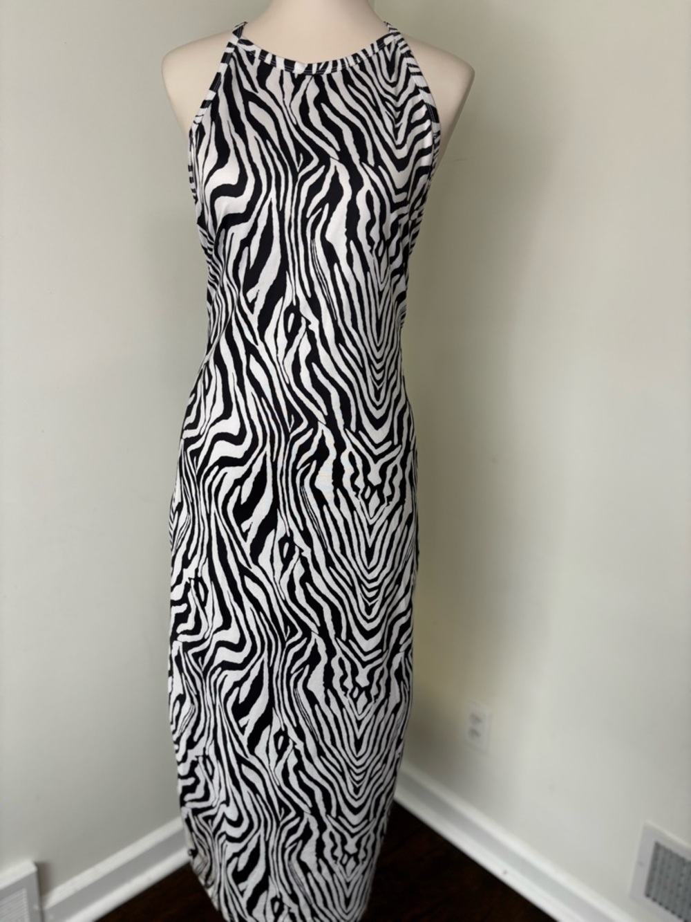 Zebra Print Halter Maxi Dress - Black & White